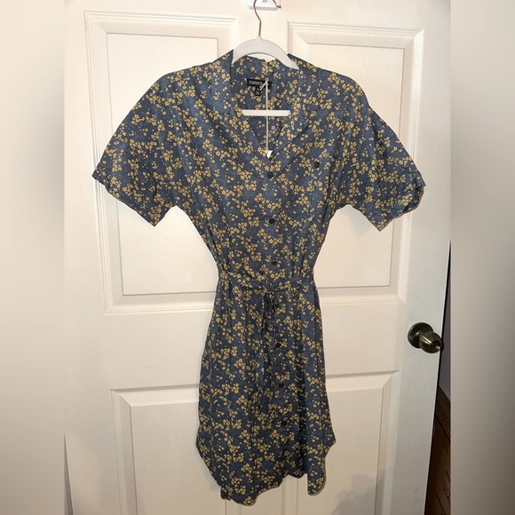 NWT Toad&Co Blue grey and Yellow Floral button front tie waist Mini Dress M - Picture 1 of 10